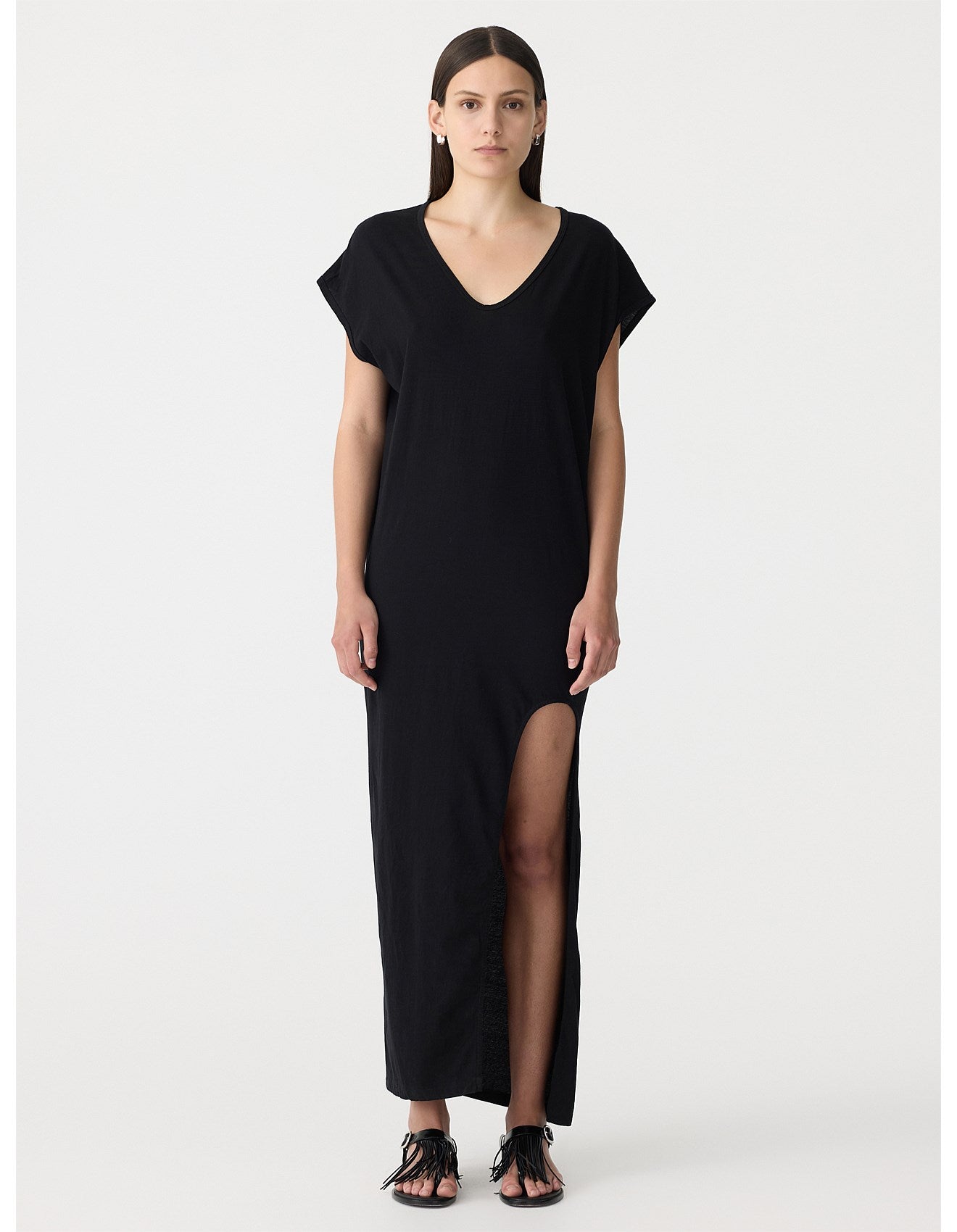 V NECK TANK SIDE SPLIT DRESS - BLACK