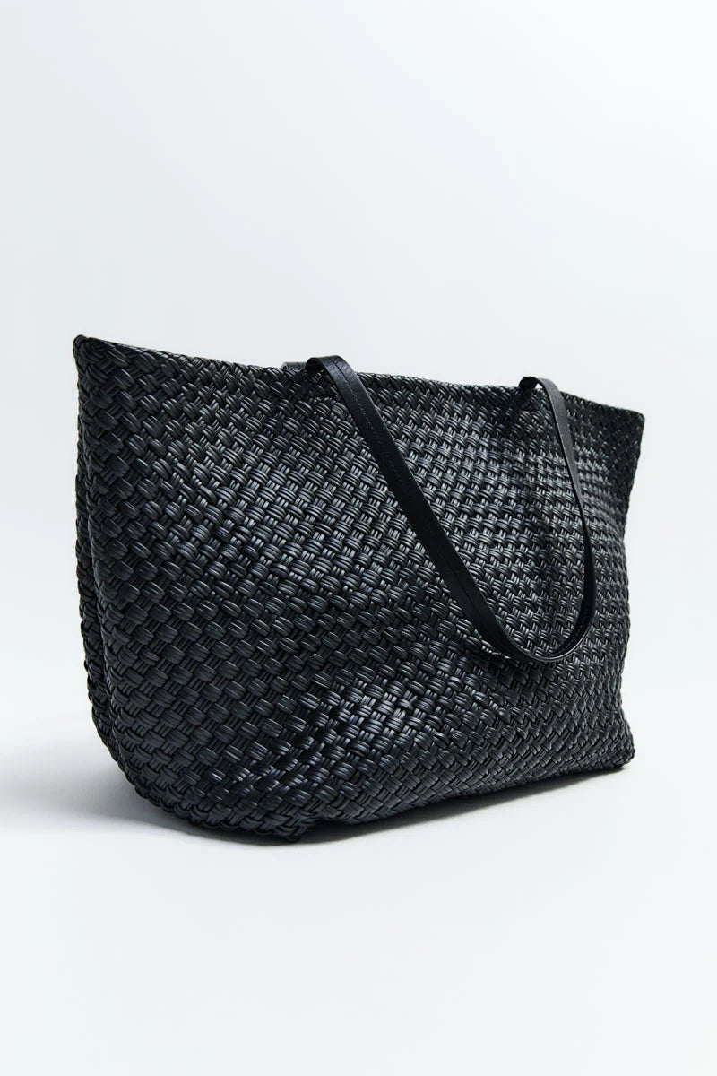 LARGE WOVEN TRAPEZE BAG - BLACK