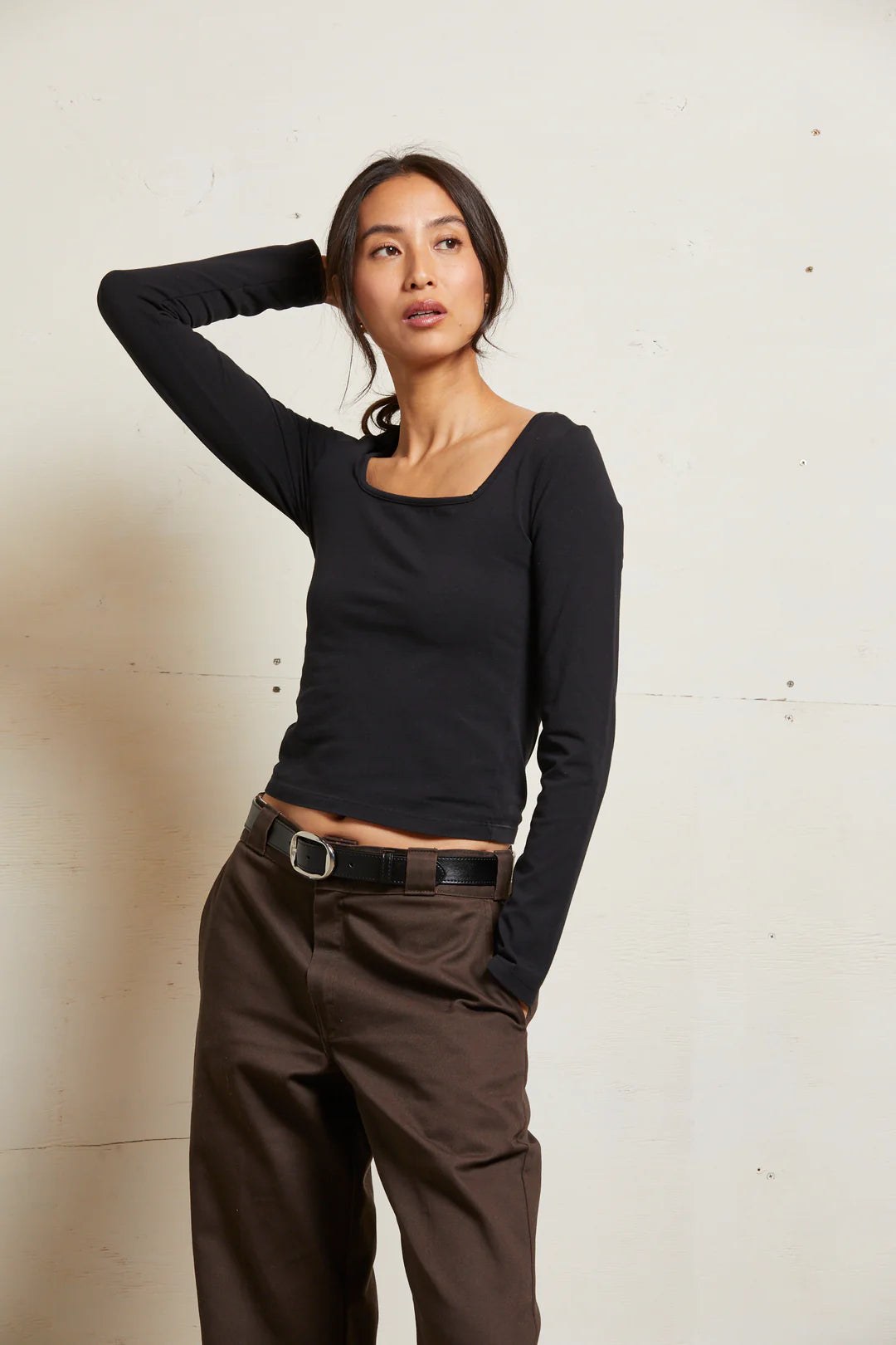 MAEVE 90'S JERSEY LONGSLEEVE TOP - BLACK