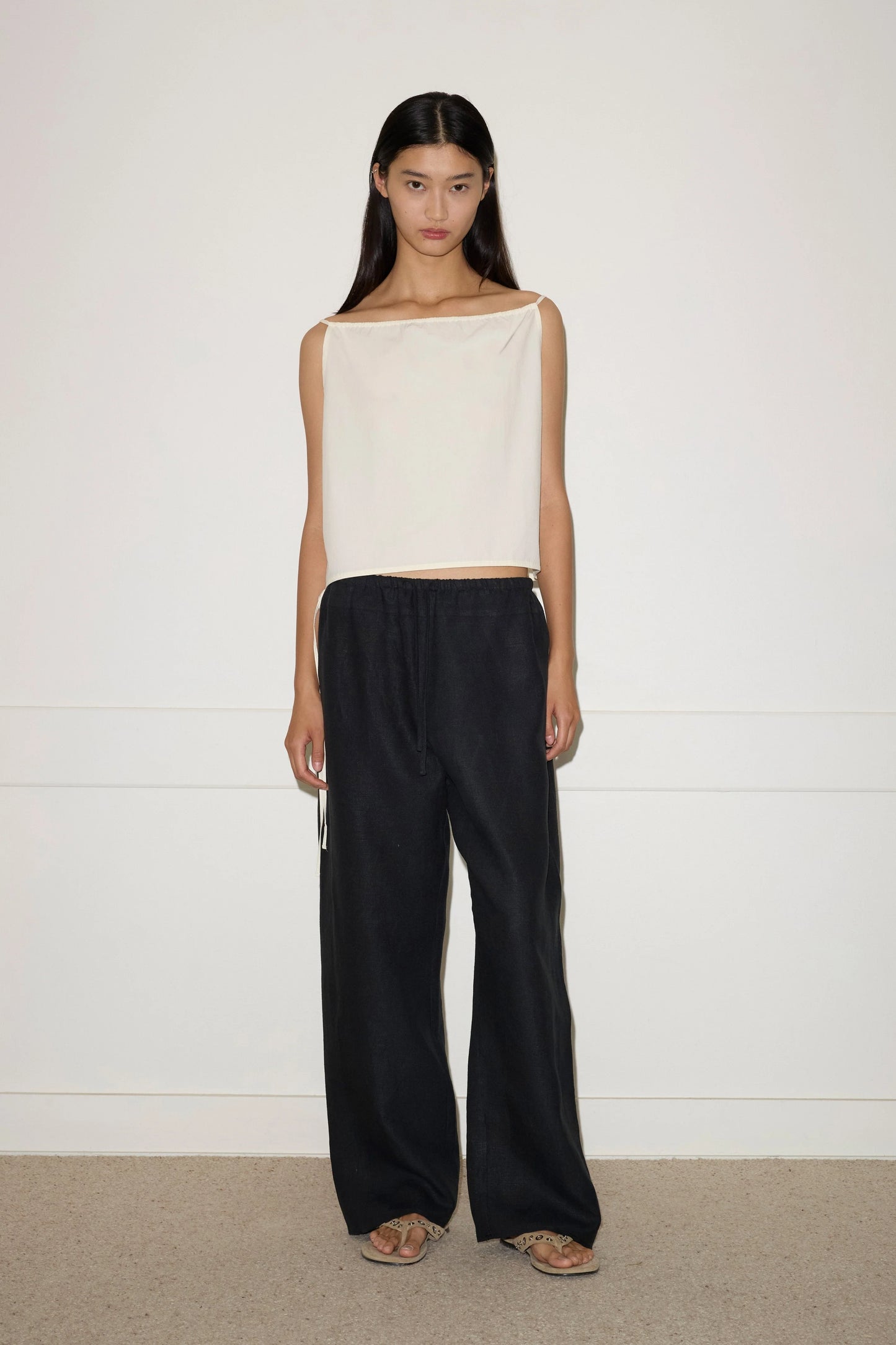 DOUBLE WAIST LINEN PANT - BLACK