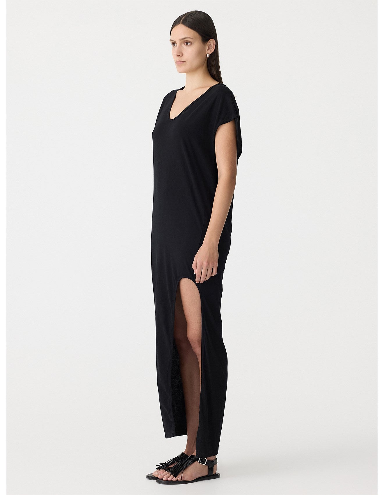 V NECK TANK SIDE SPLIT DRESS - BLACK