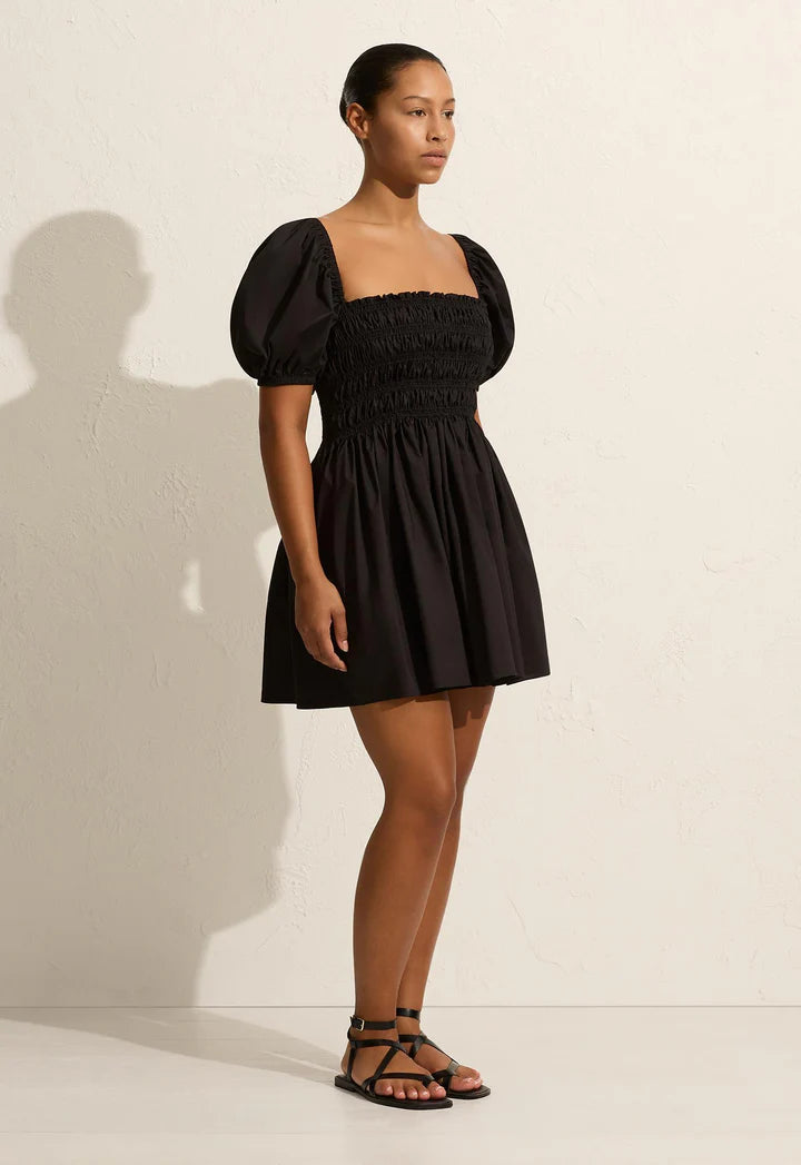 SHIRRED PEASANT MINI DRESS - BLACK