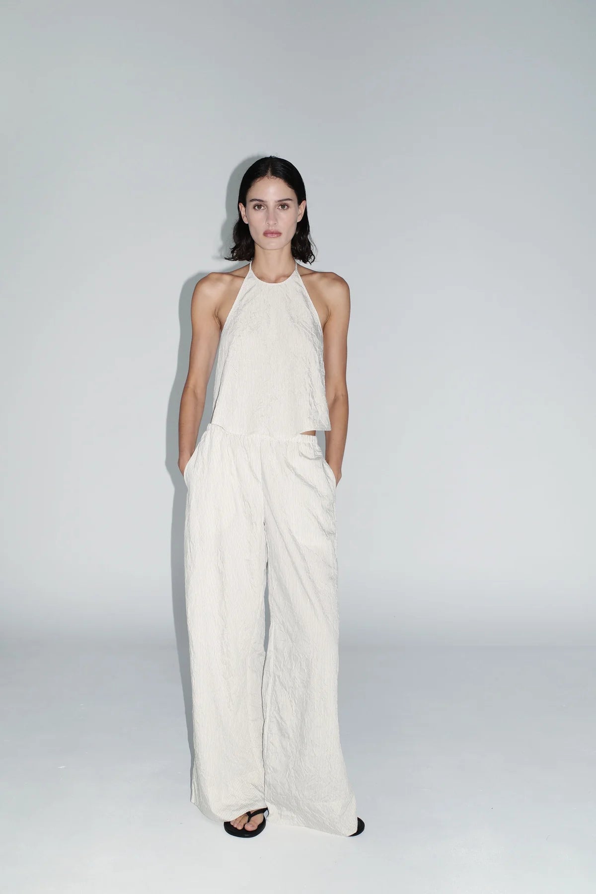 CRUSHED HALTER TOP - PETITE PINSTRIPE