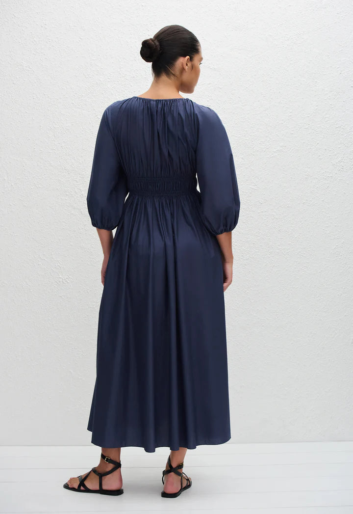 SHIRRED PLUNGE BUTTON DRESS - DUSK