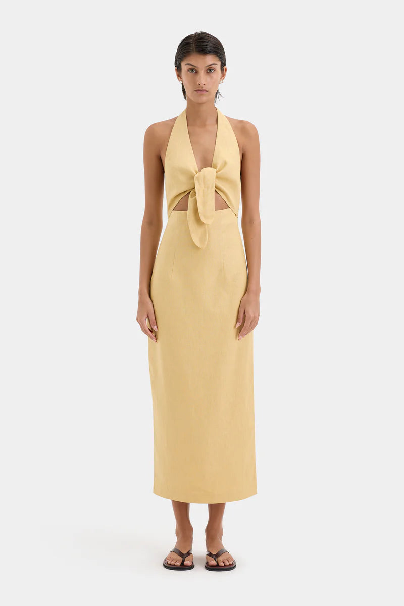 CARLOTTA TIE MIDI DRESS - RAFFIA