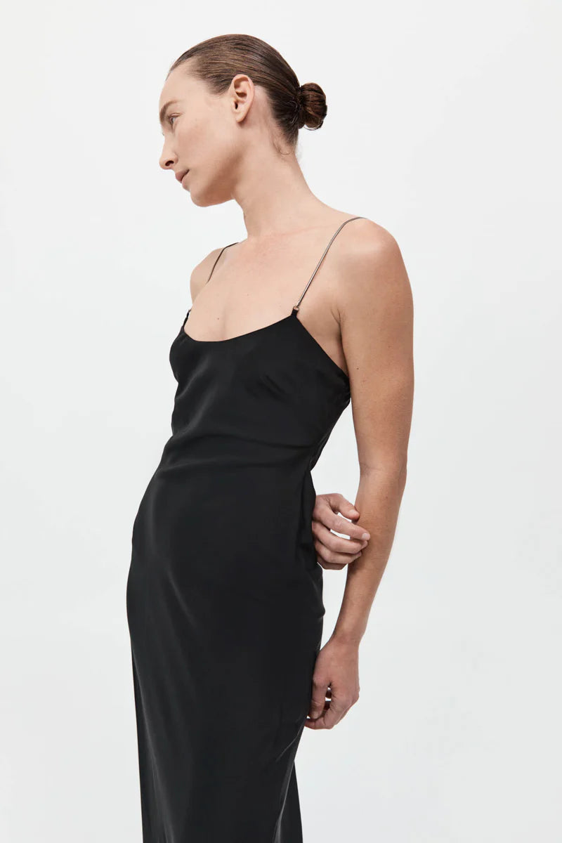 FINE CHAIN SILK SLIP DRESS - BLACK