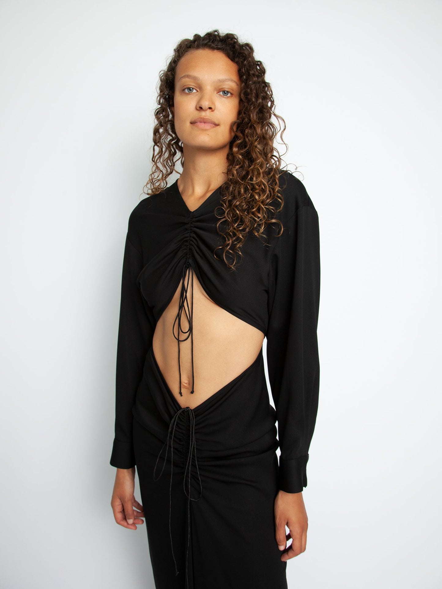 RUCHED DISCONNECT SHIRT DRESS - BLACK