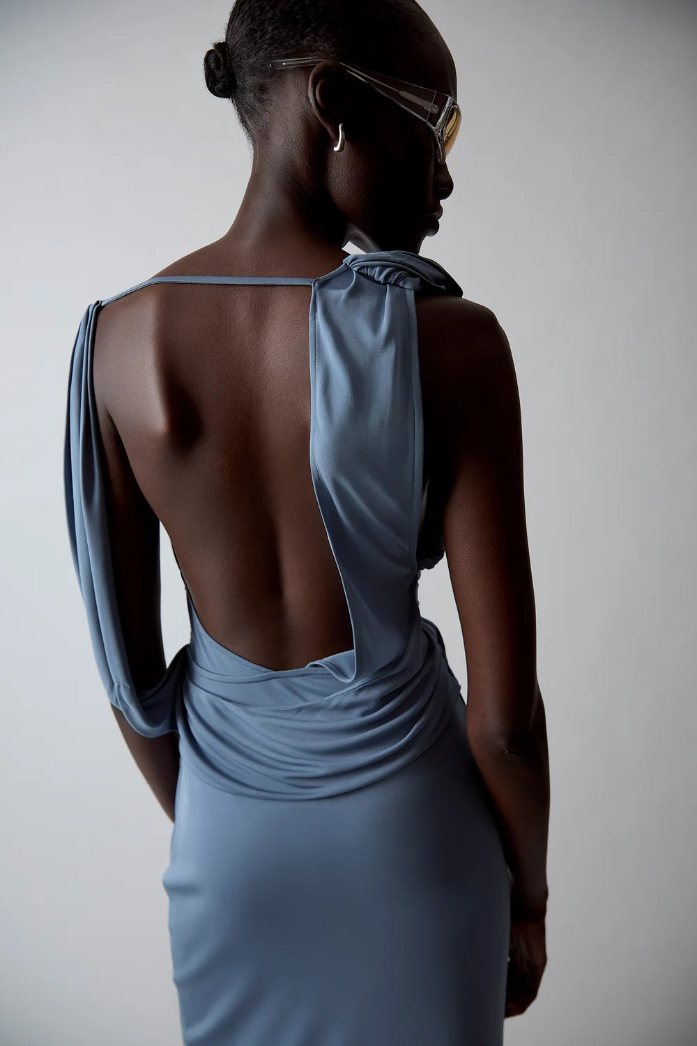 OLENNA TWIST LOW BACK GOWN - DUSTY BLUE