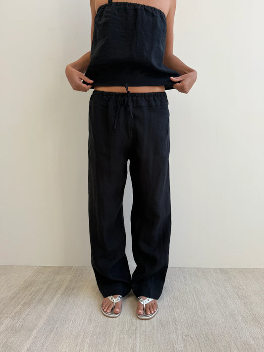 DOUBLE WAIST LINEN PANT - BLACK