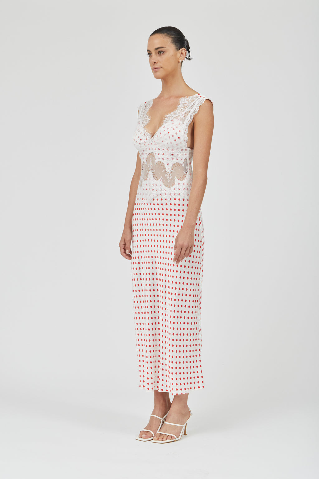 VISIONS LACE DEEP V MAXI DRESS - RED POLKA DOT