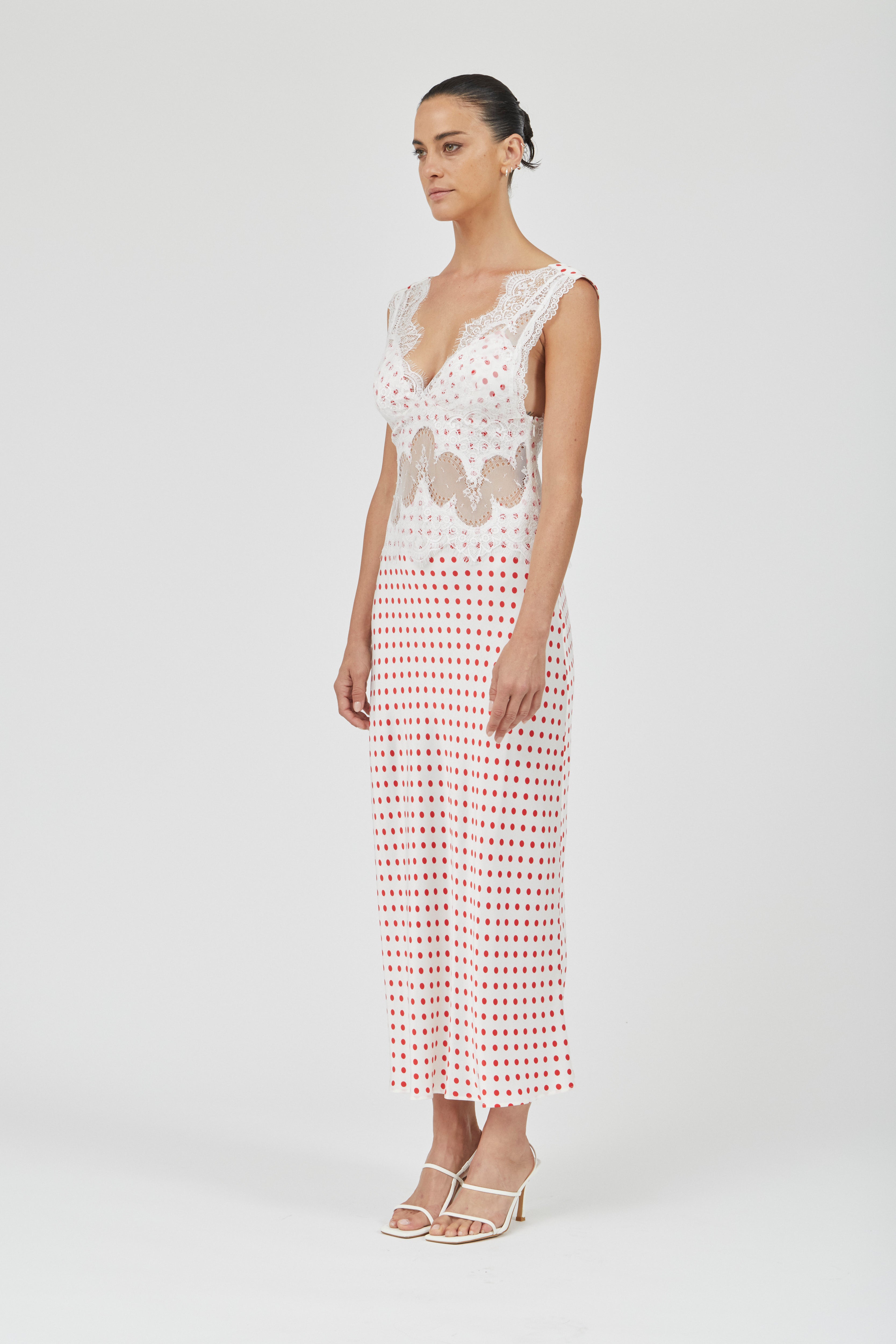 VISIONS LACE DEEP V MAXI DRESS - RED POLKA DOT
