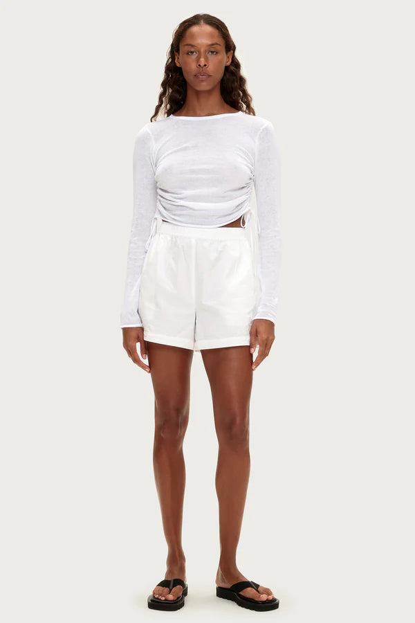 GATHERED KNIT LONGSLEEVE TOP - WHITE