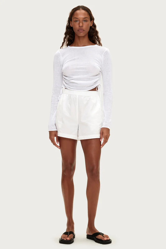 GATHERED KNIT LONGSLEEVE TOP - WHITE