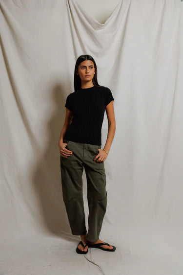 SURI RIB CREWNECK CAP SLEEVE TEE - BLACK