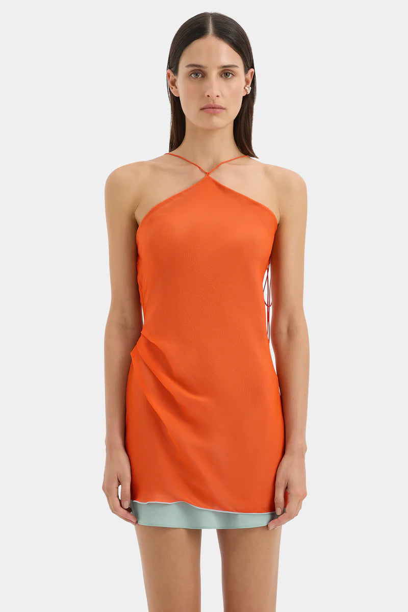 (PRE-ORDER) DANICA TIE MINI DRESS - TANGERINE SPLICE