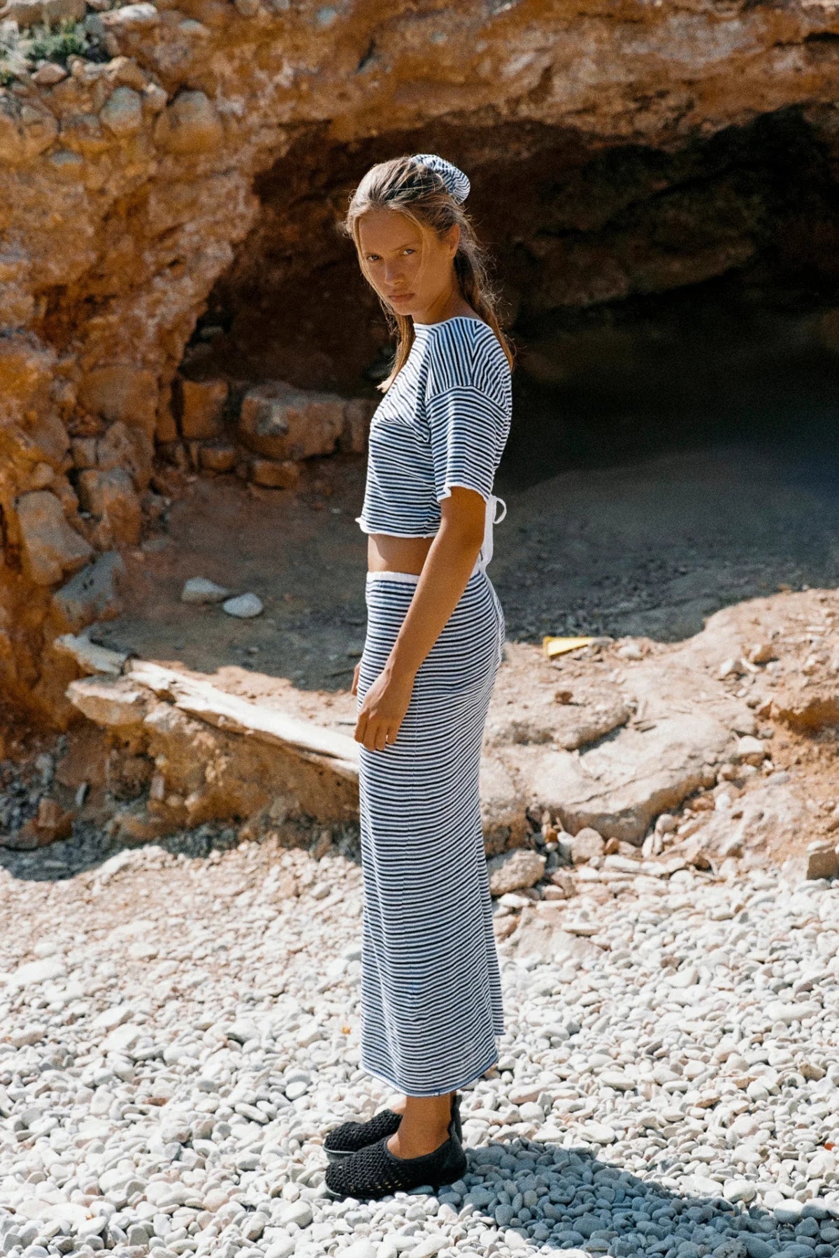 BLUE PIN STRIPE RAMIE COTTON SKIRT - BLUE PIN STRIPE