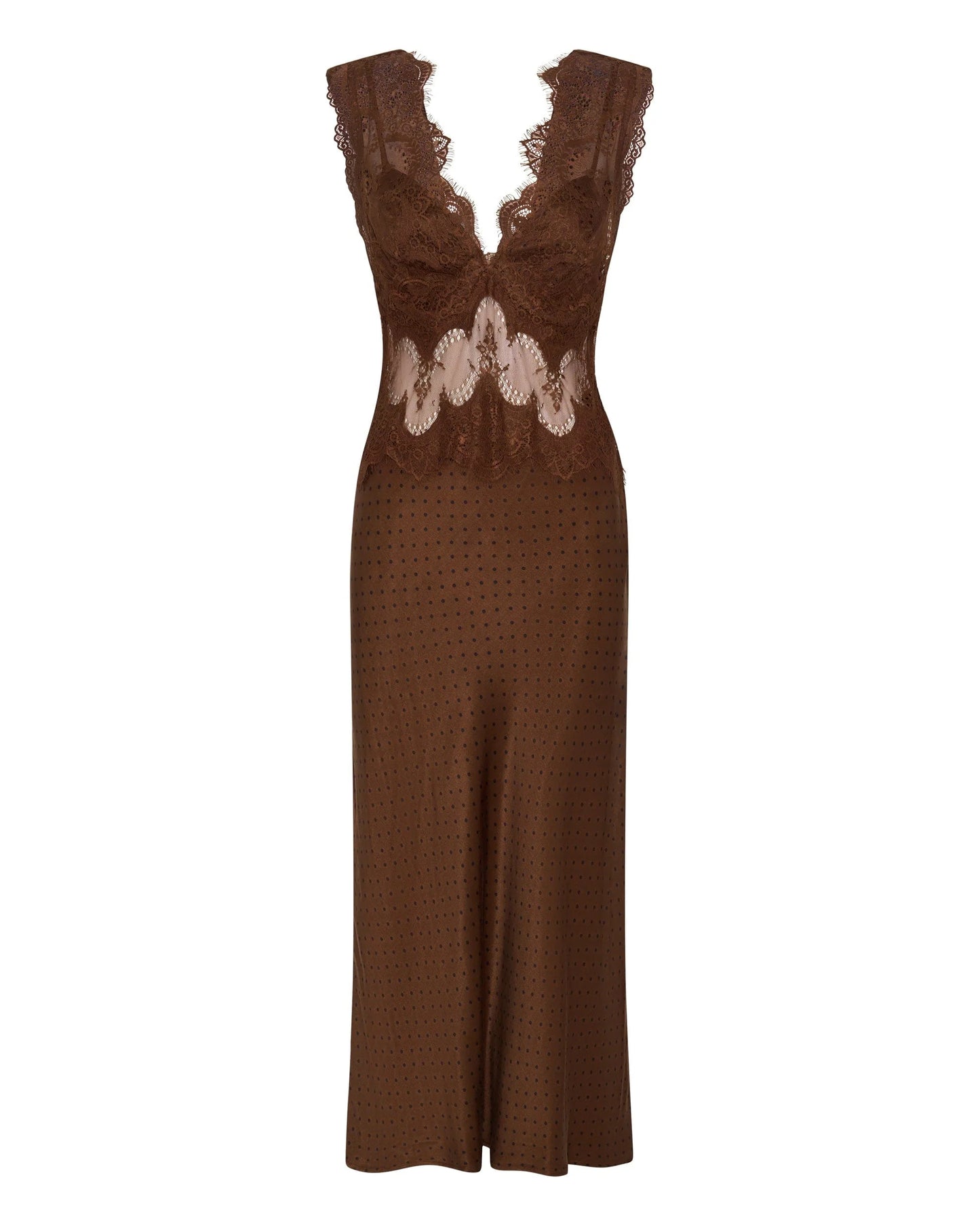 (PRE-ORDER) VISIONS LACE MAXI DRESS - CHOCOLATE POLKA DOT