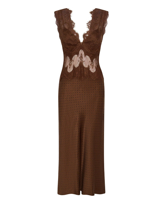 (PRE-ORDER) VISIONS LACE MAXI DRESS - CHOCOLATE POLKA DOT