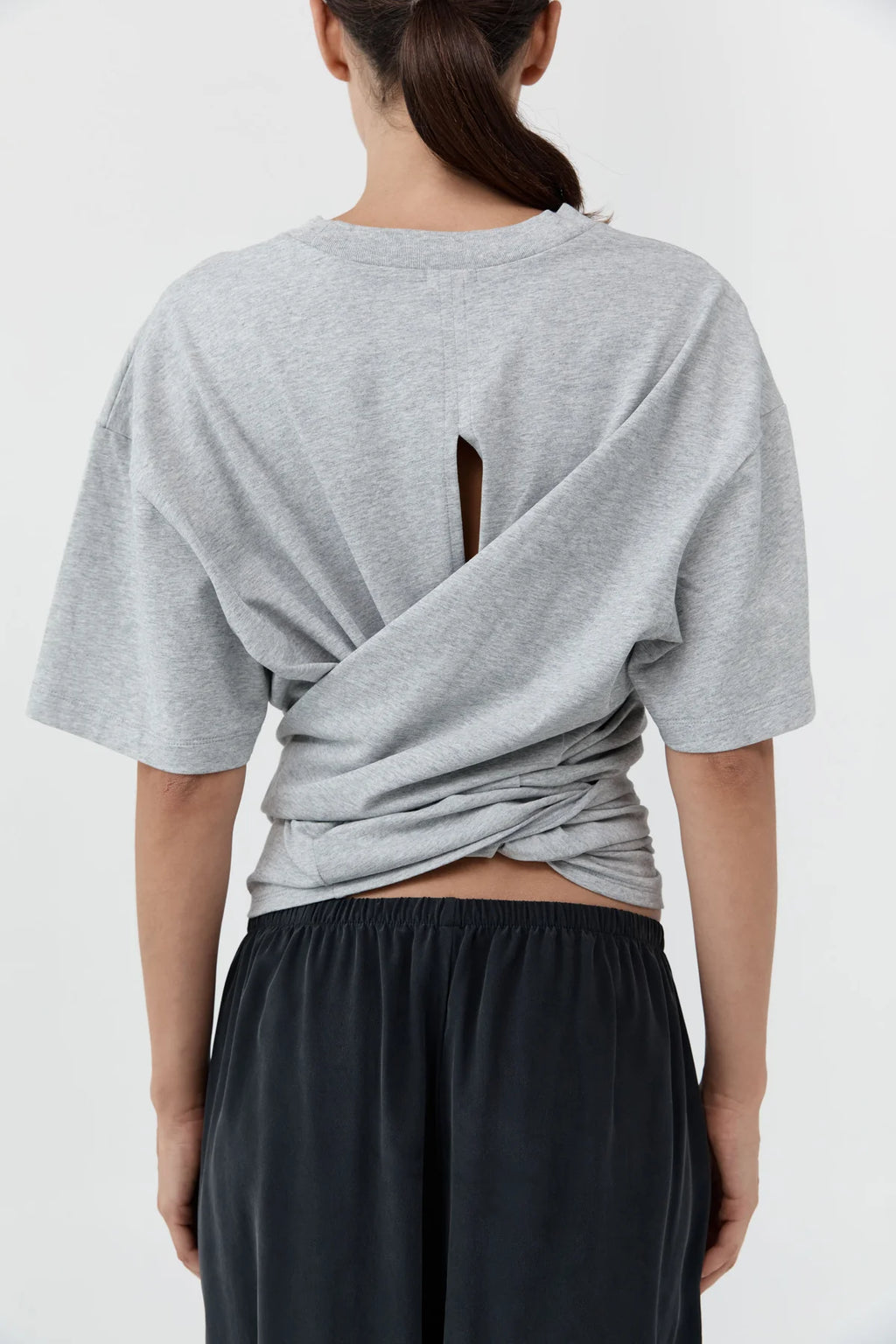 COTTON JERSEY SPLIT BLACK TEE - LIGHT GREY MARLE