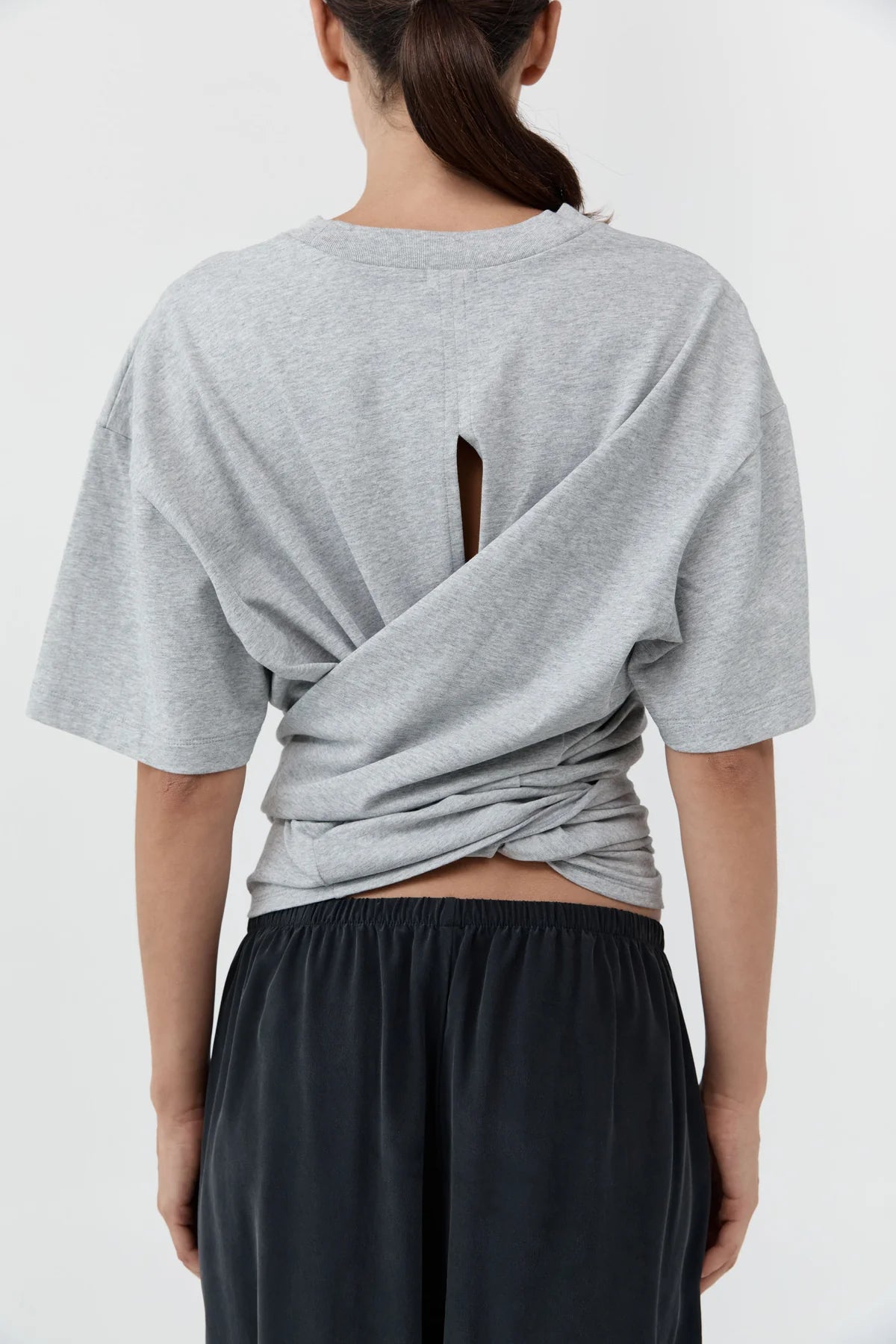 COTTON JERSEY SPLIT BLACK TEE - LIGHT GREY MARLE