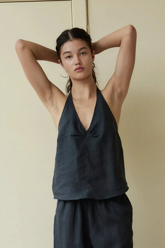 LINEN HALTER TOP - BLACK