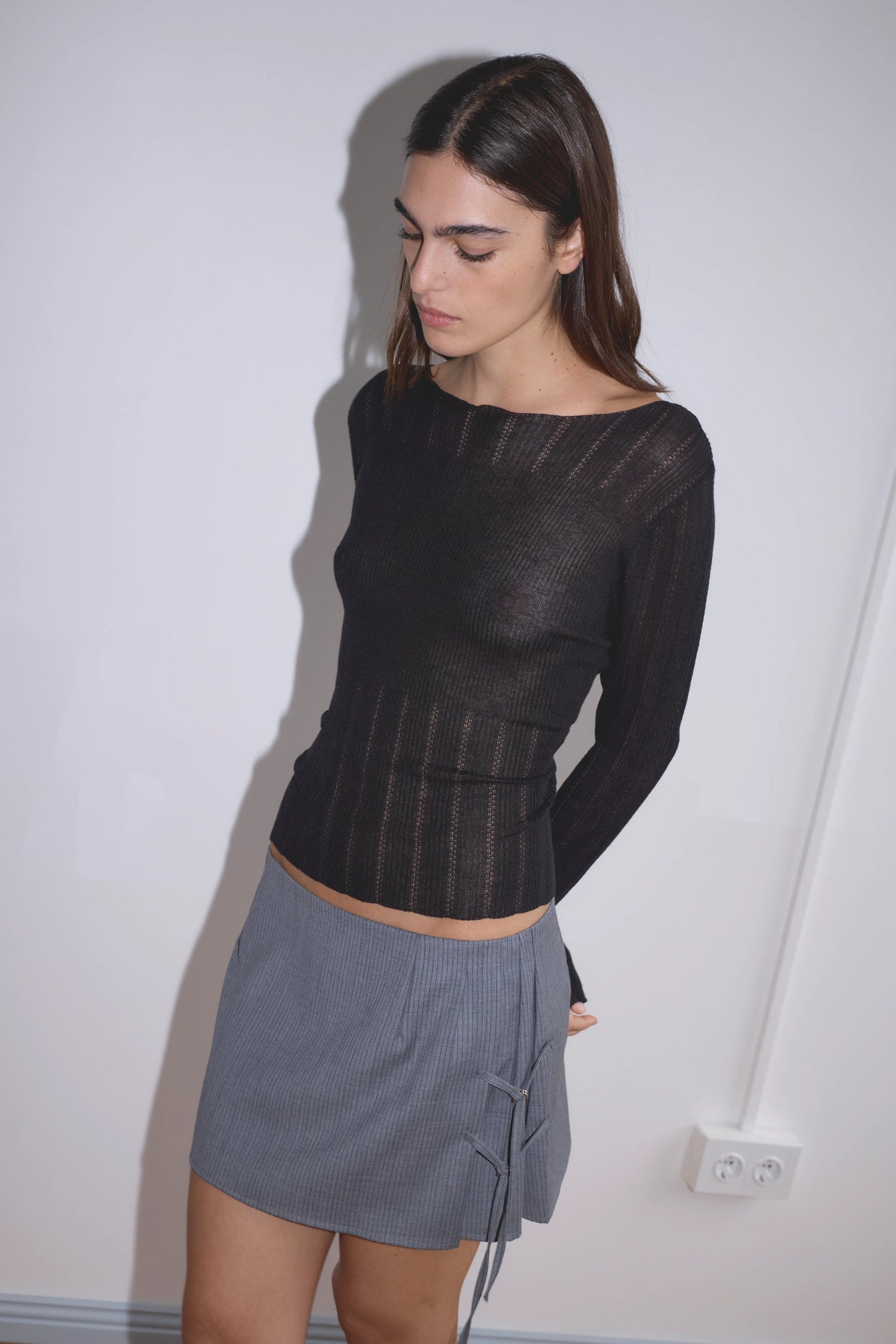 TAB TIE SKIRT - GREY BLUE STRIPE