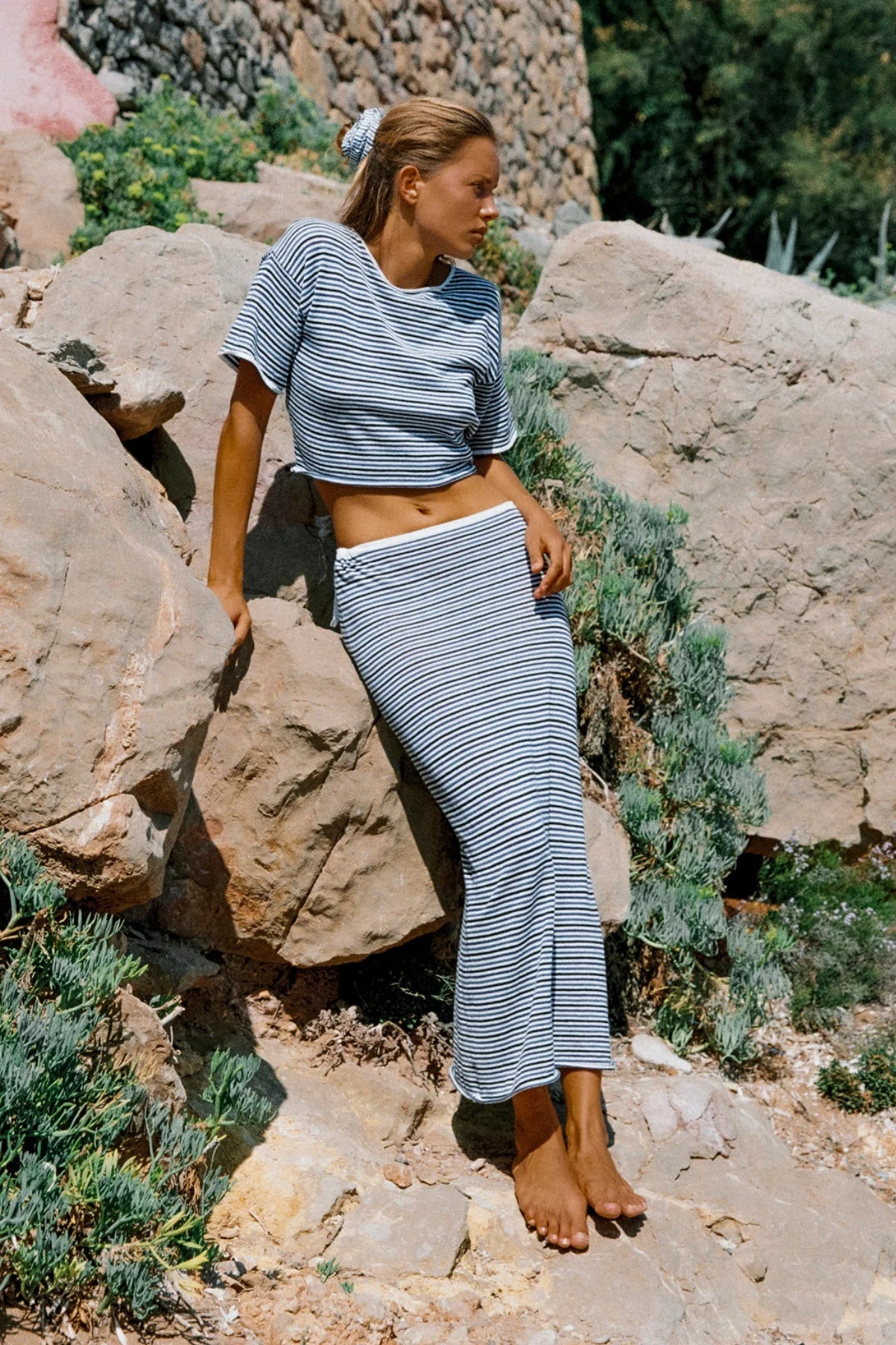 BLUE PIN STRIPE RAMIE COTTON SKIRT - BLUE PIN STRIPE