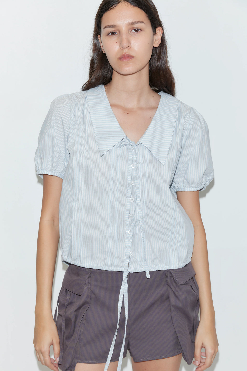 FINE COLLAR TOP - MIST STRIPE