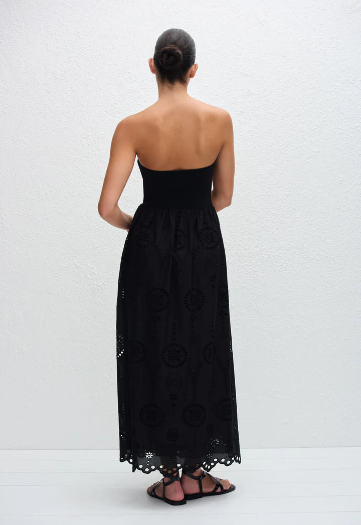 STRAPLESS KNIT AND BRODERIE DRESS - BLACK