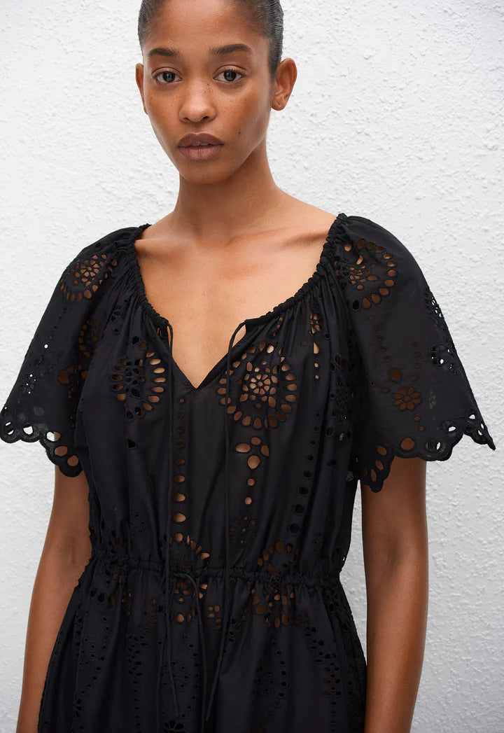 BRODERIE SCOOP MINI DRESS - BLACK