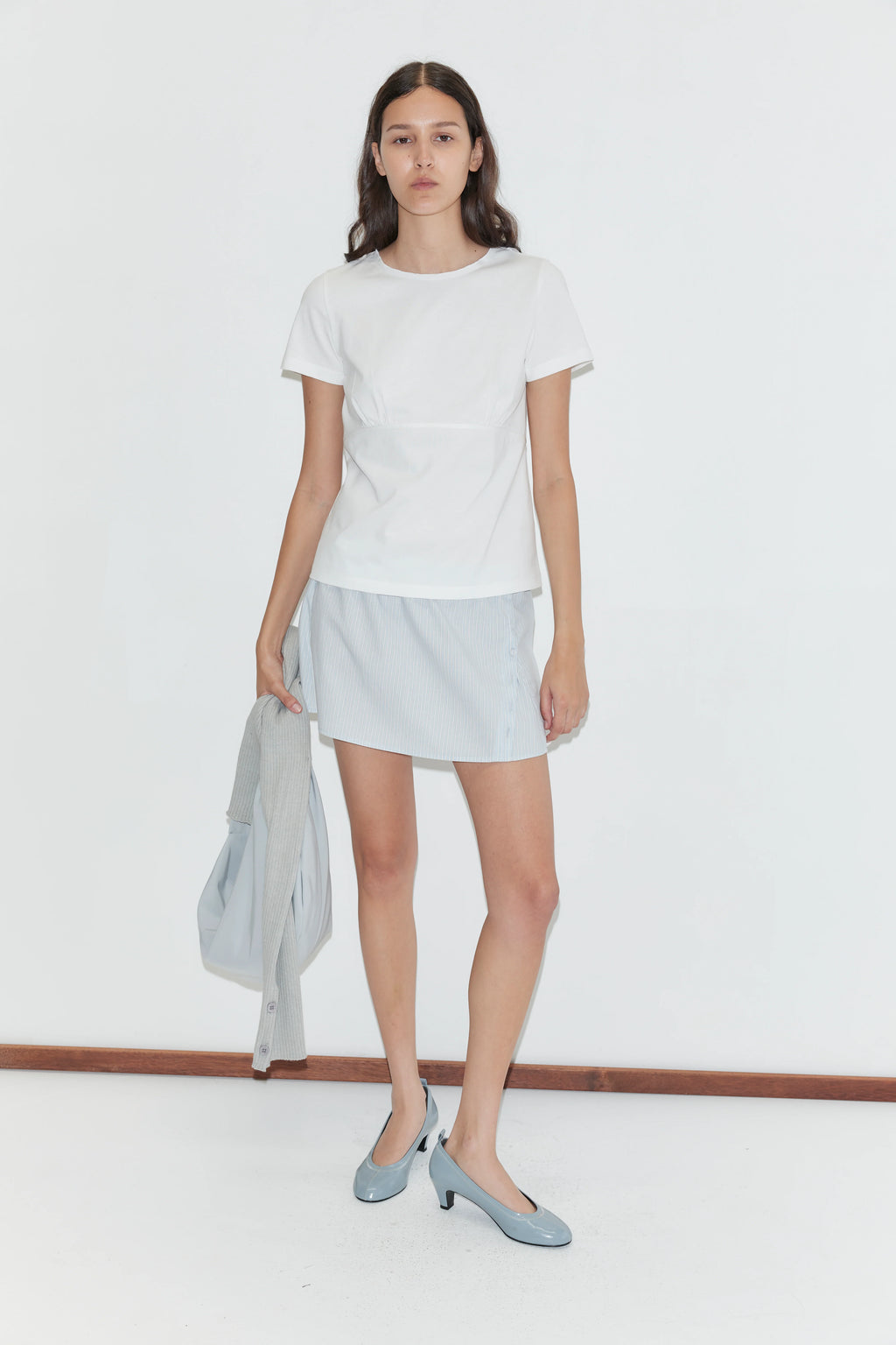 PLEAT SPLIT SKIRT - MIST STRIPE