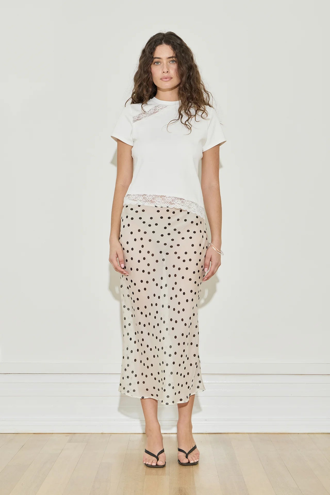 SILK CHIFFON MIDI SKIRT - CREAM & BLACK POLKA DOT