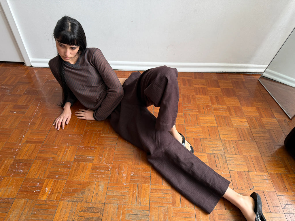 LINEN EASE TROUSER - BROWN BLACK STRIPE