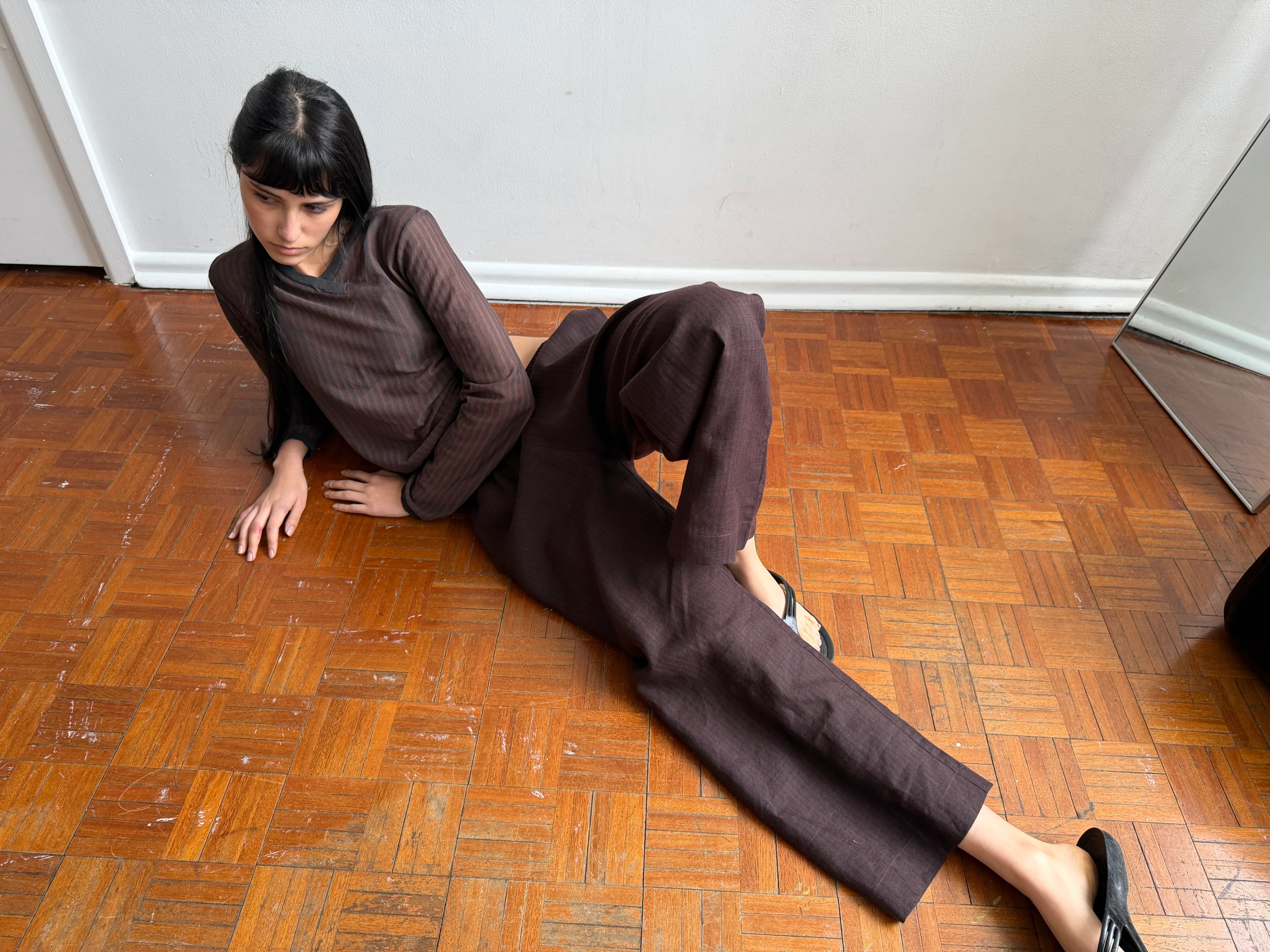 (PRE-ORDER) LINEN EASE TROUSER - BROWN BLACK STRIPE