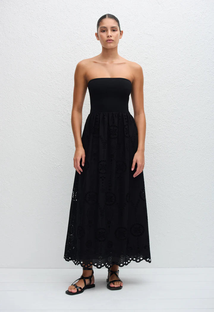 STRAPLESS KNIT AND BRODERIE DRESS - BLACK