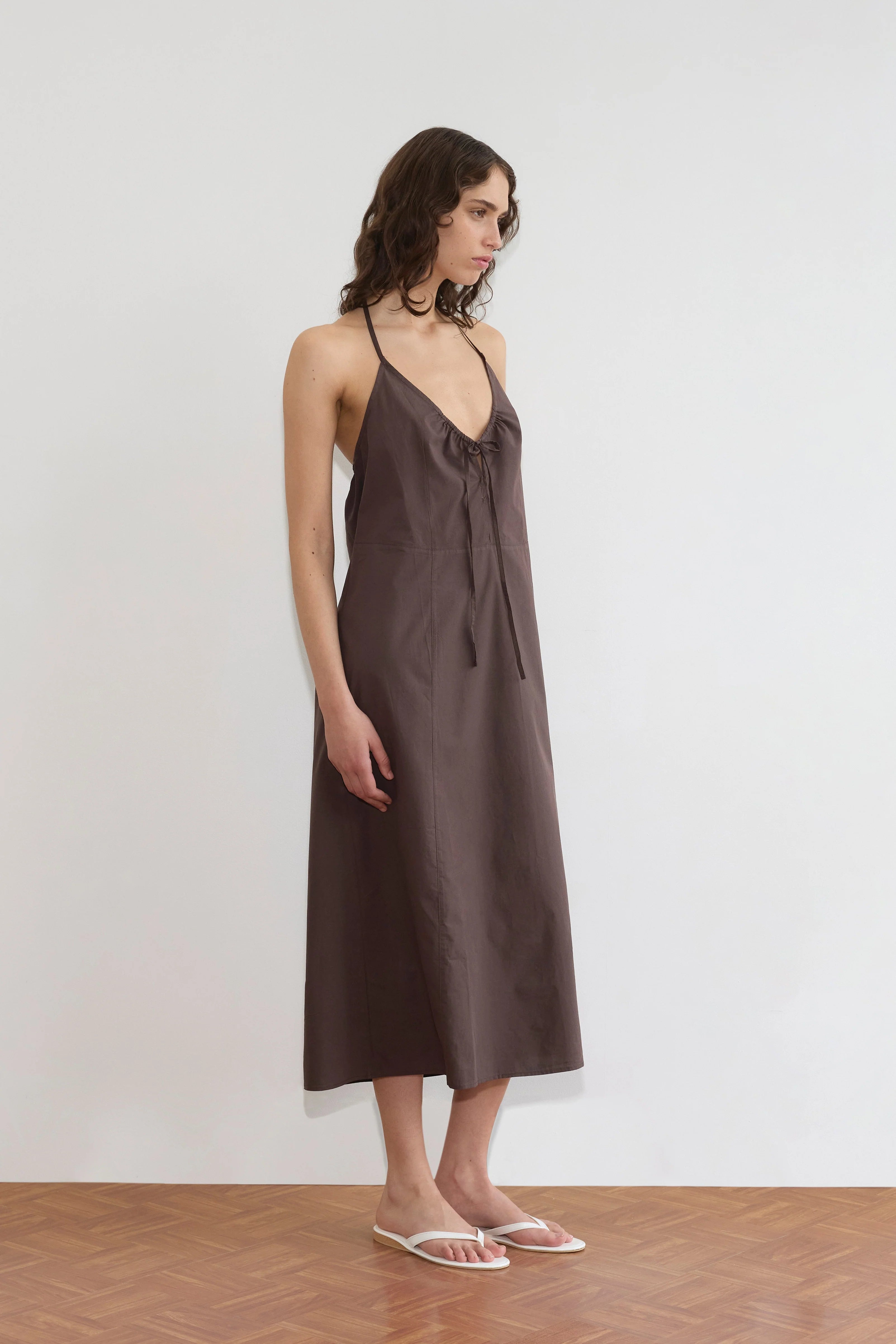 SEAMED HALTER DRESS - SEPIA