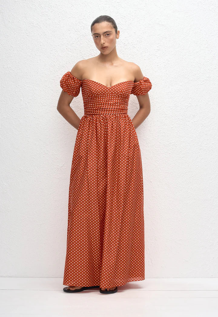 OFF SHOULDER MIDI DRESS - POLKA DOT TOMATO