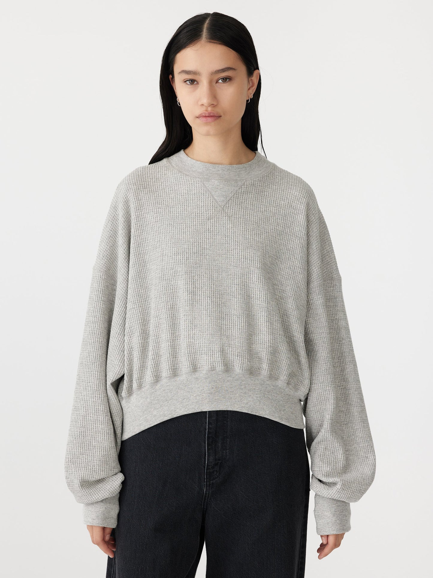 WAFFLE BATWING SWEAT - GREY MARL