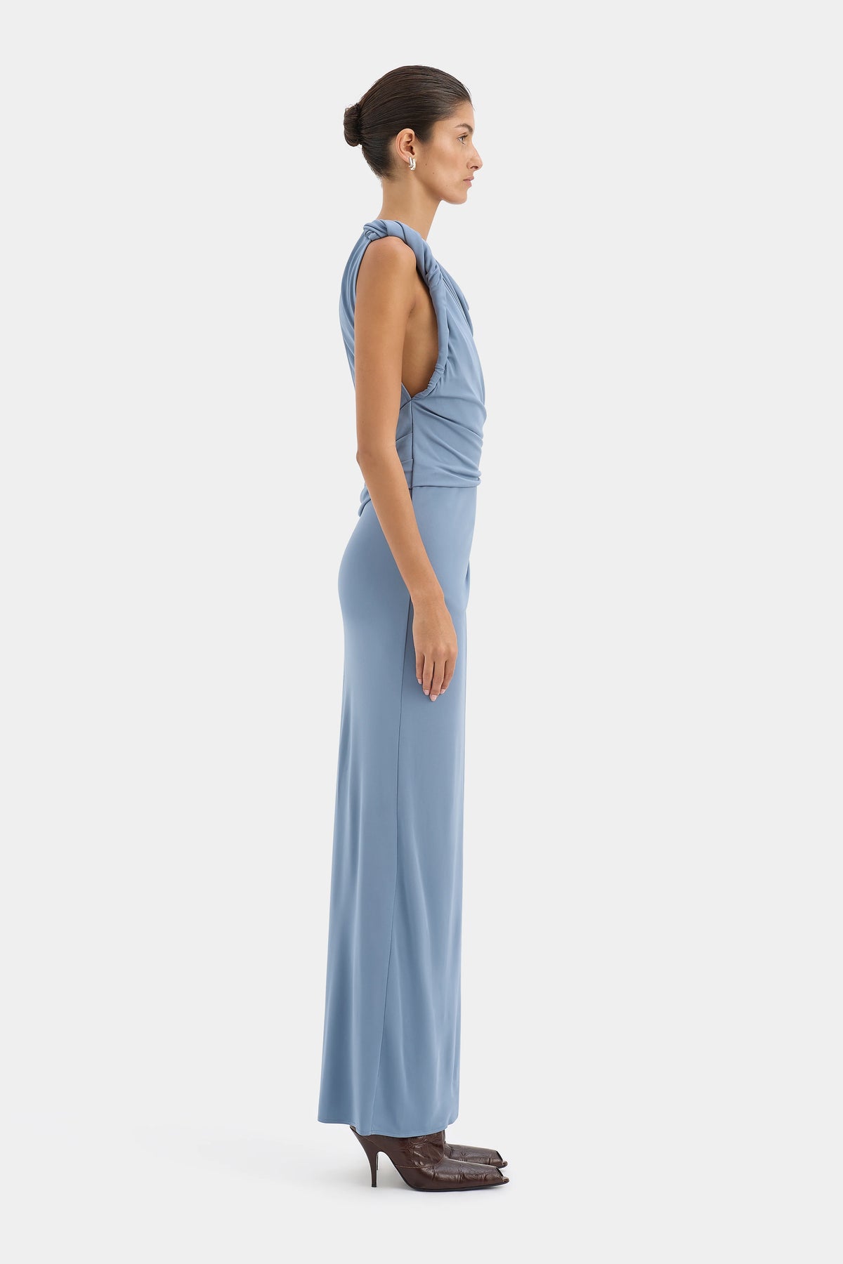 OLENNA TWIST LOW BACK GOWN - DUSTY BLUE