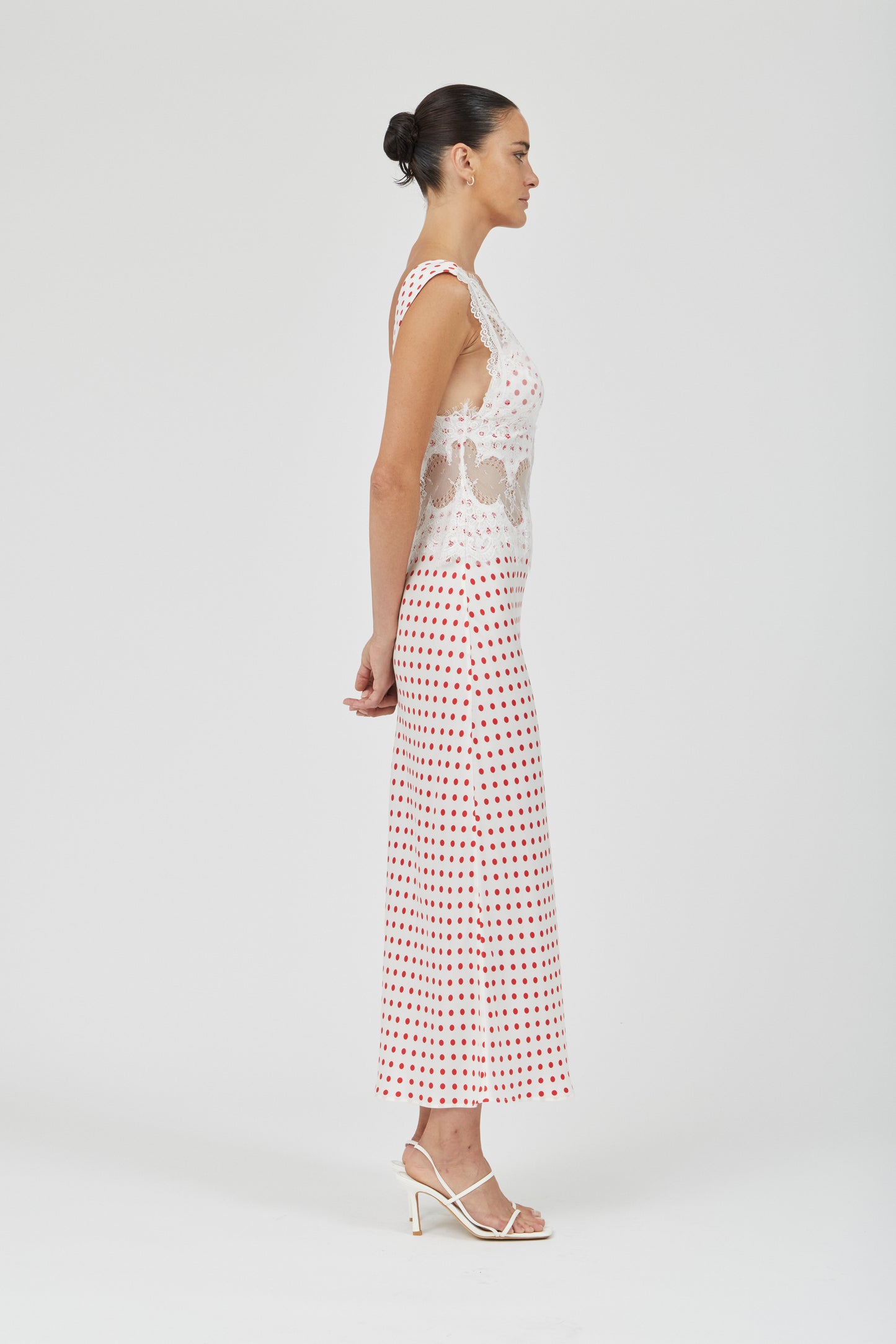 (PRE-ORDER) VISIONS LACE DEEP V MAXI DRESS - RED POLKA DOT