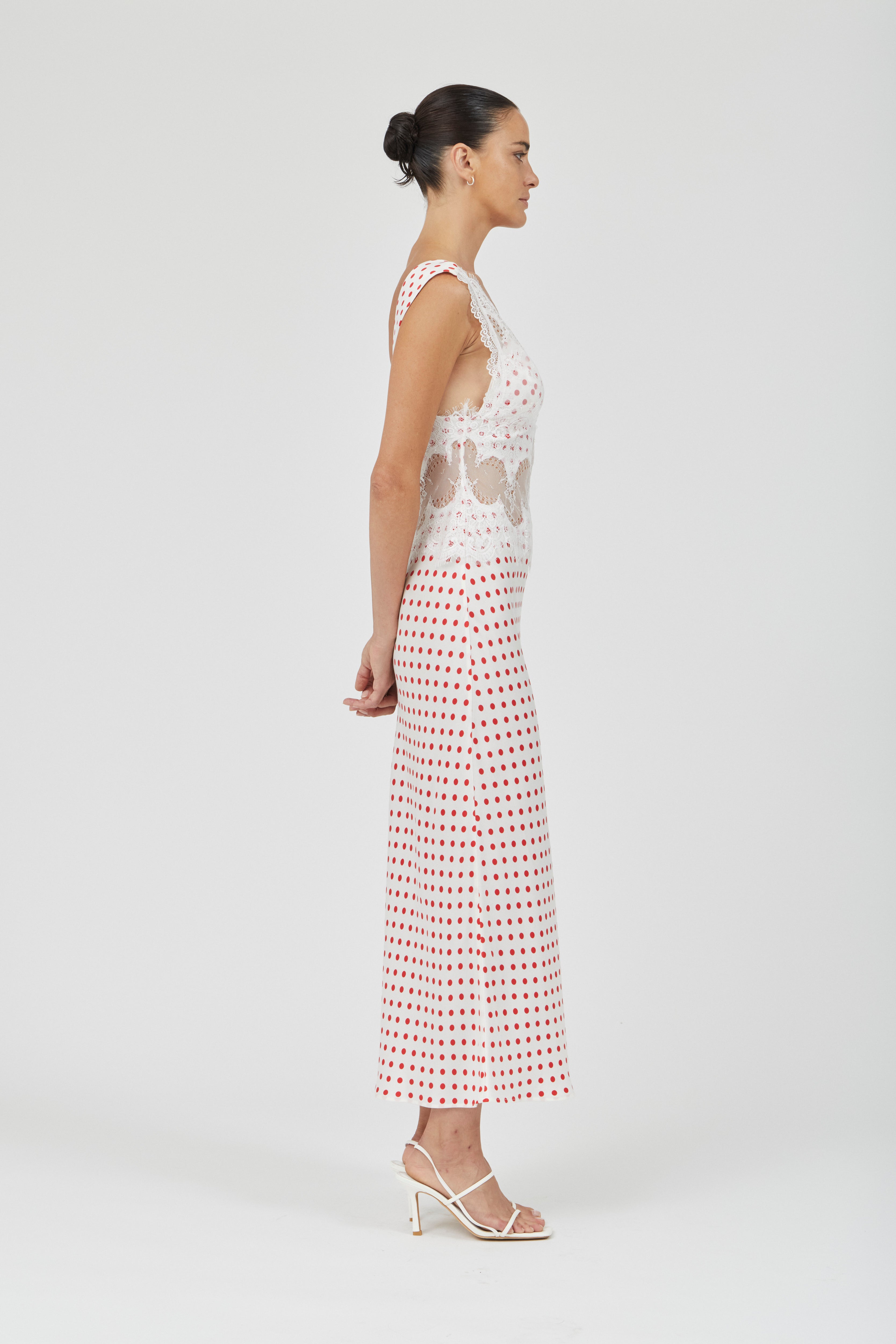 VISIONS LACE DEEP V MAXI DRESS - RED POLKA DOT