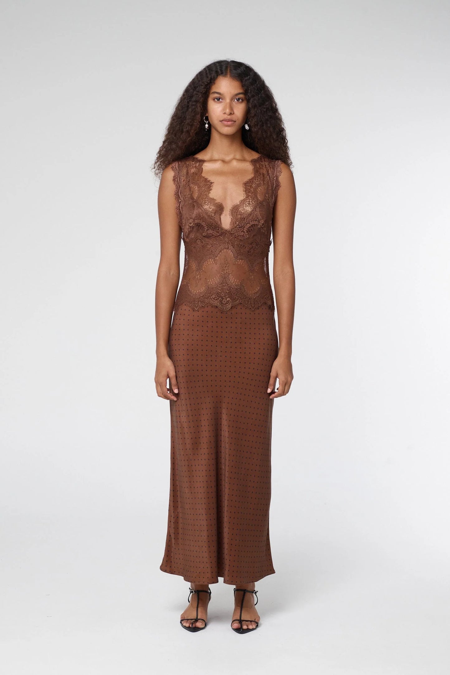 (PRE-ORDER) VISIONS LACE MAXI DRESS - CHOCOLATE POLKA DOT