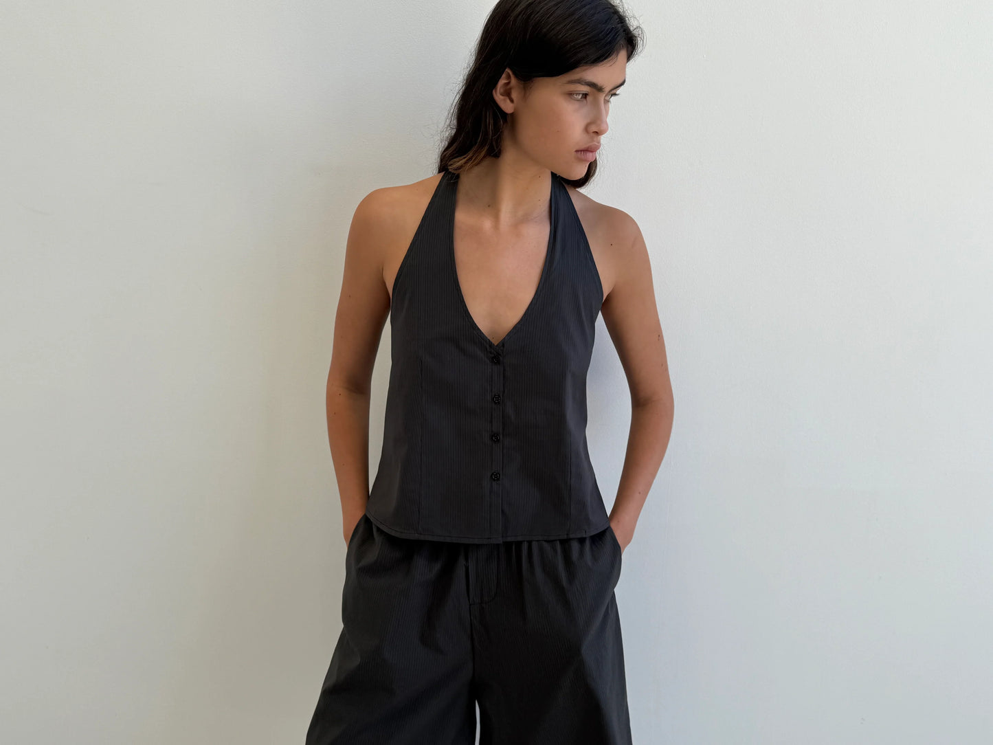 WAIST HALTER TOP - BLACK STRIPE