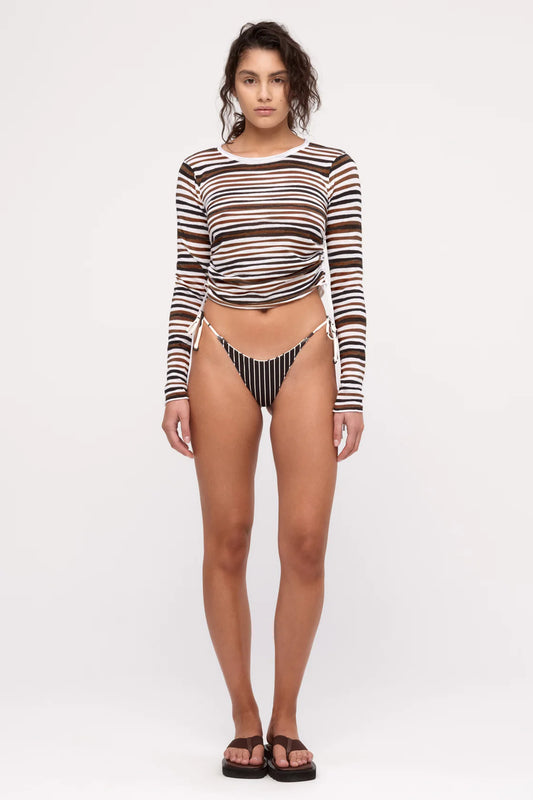 GATHERED LONG SLEEVE KNIT TOP - BLACK STRIPE