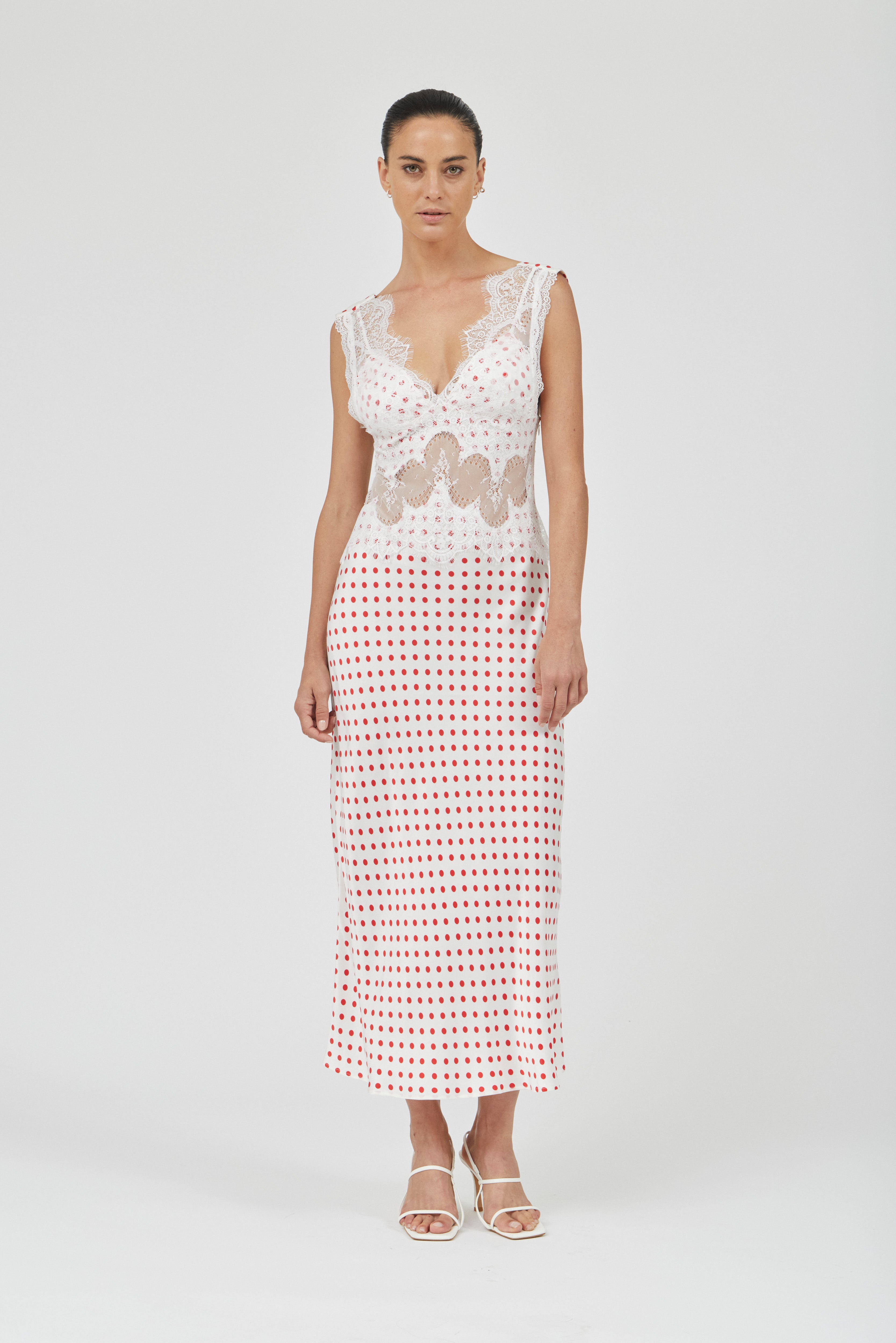 VISIONS LACE DEEP V MAXI DRESS - RED POLKA DOT