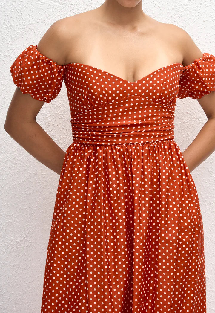 OFF SHOULDER MIDI DRESS - POLKA DOT TOMATO