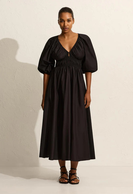 SHIRRED PLUNGE BUTTON DRESS - BLACK
