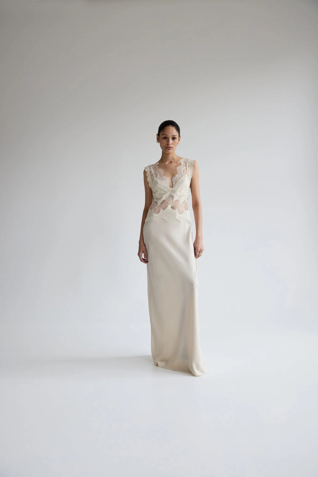 VISIONS LACE FLOOR LENGTH DRESS - BUTTERCREAM