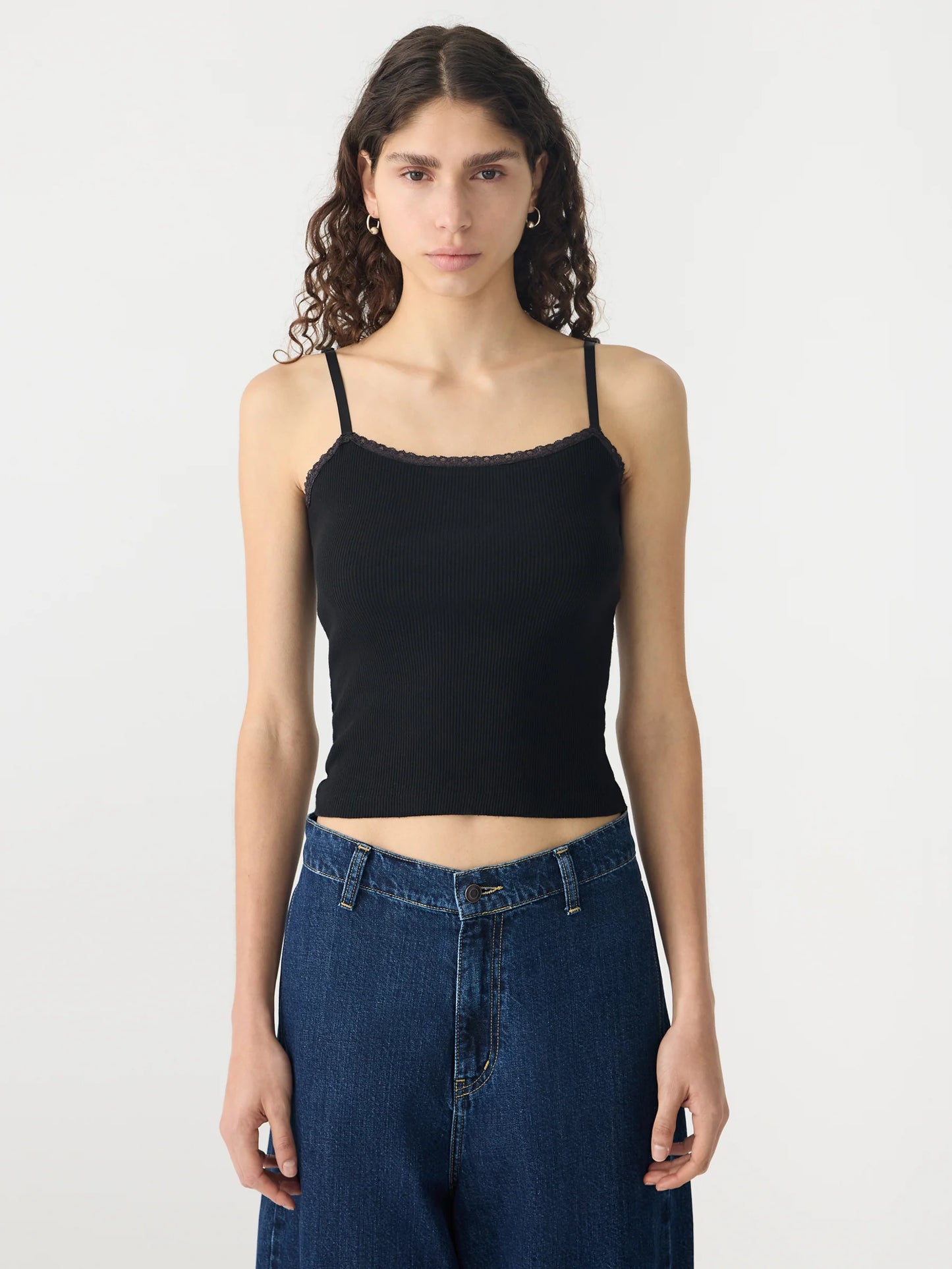 LACE STRAP SOFT RIB TANK - BLACK