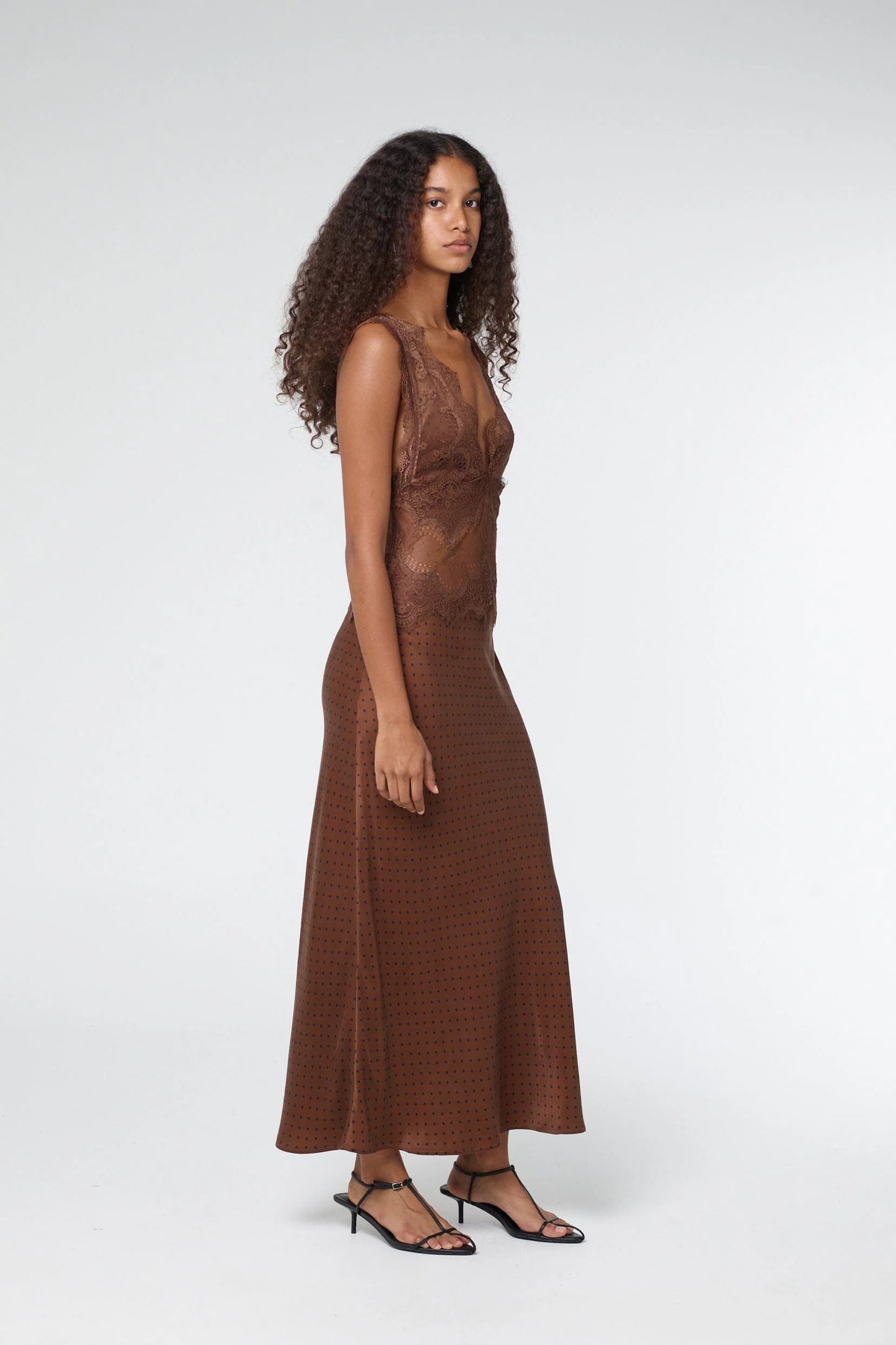 (PRE-ORDER) VISIONS LACE MAXI DRESS - CHOCOLATE POLKA DOT